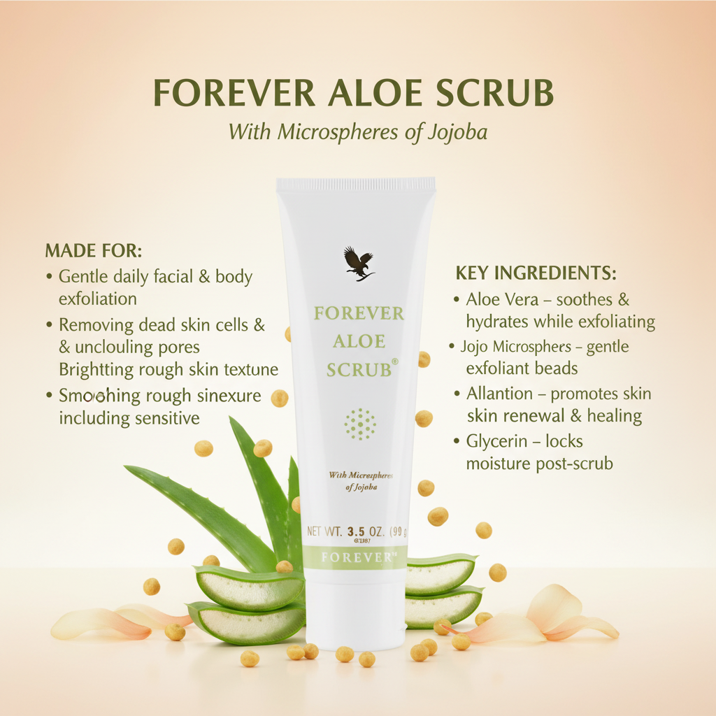 Unlike other scrubs that use sharp harsh ingredients Forever Aloe Scrub® uses microspheres of jojoba for a gentle cleansing experience As they roll these jojoba spheres pick up dead skin cells and clear the way for fresh newer skin below