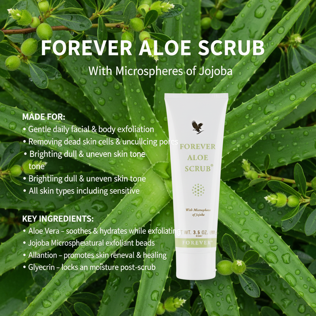 Unlike other scrubs that use sharp harsh ingredients Forever Aloe Scrub® uses microspheres of jojoba for a gentle cleansing experience As they roll these jojoba spheres pick up dead skin cells and clear the way for fresh newer skin below