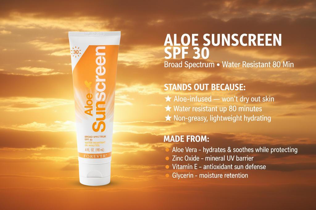 Aloe Sunscreen has the whole family covered with an innovative blend of sunscreens with water-resistant SPF 30 protection from UVA and UVB rays.