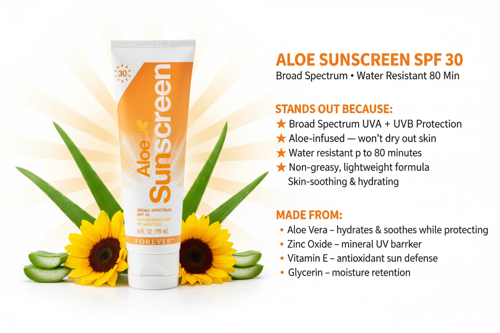 Aloe Sunscreen has the whole family covered with an innovative blend of sunscreens with water-resistant SPF 30 protection from UVA and UVB rays.