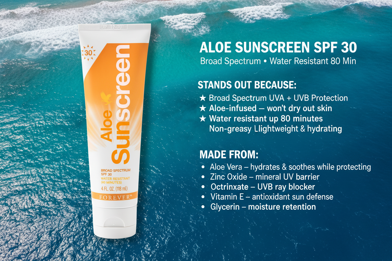 Aloe Sunscreen has the whole family covered with an innovative blend of sunscreens with water-resistant SPF 30 protection from UVA and UVB rays.