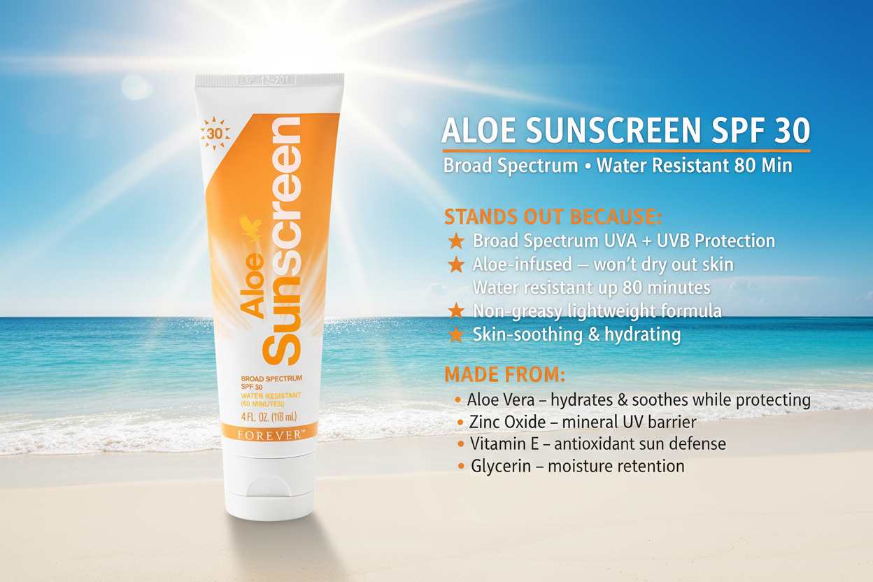 Aloe Sunscreen has the whole family covered with an innovative blend of sunscreens with water-resistant SPF 30 protection from UVA and UVB rays.
