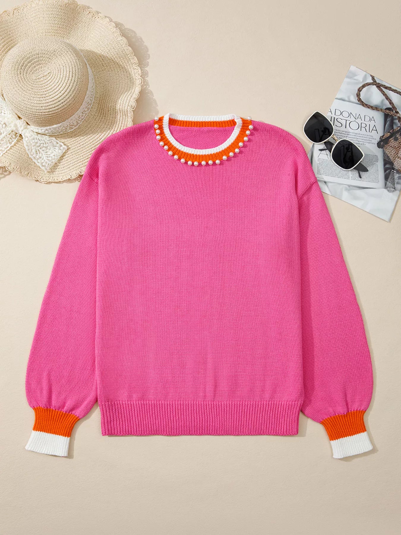 Contrast Crew Neck Pearled Decor Drop Shoulder Knit Sweater