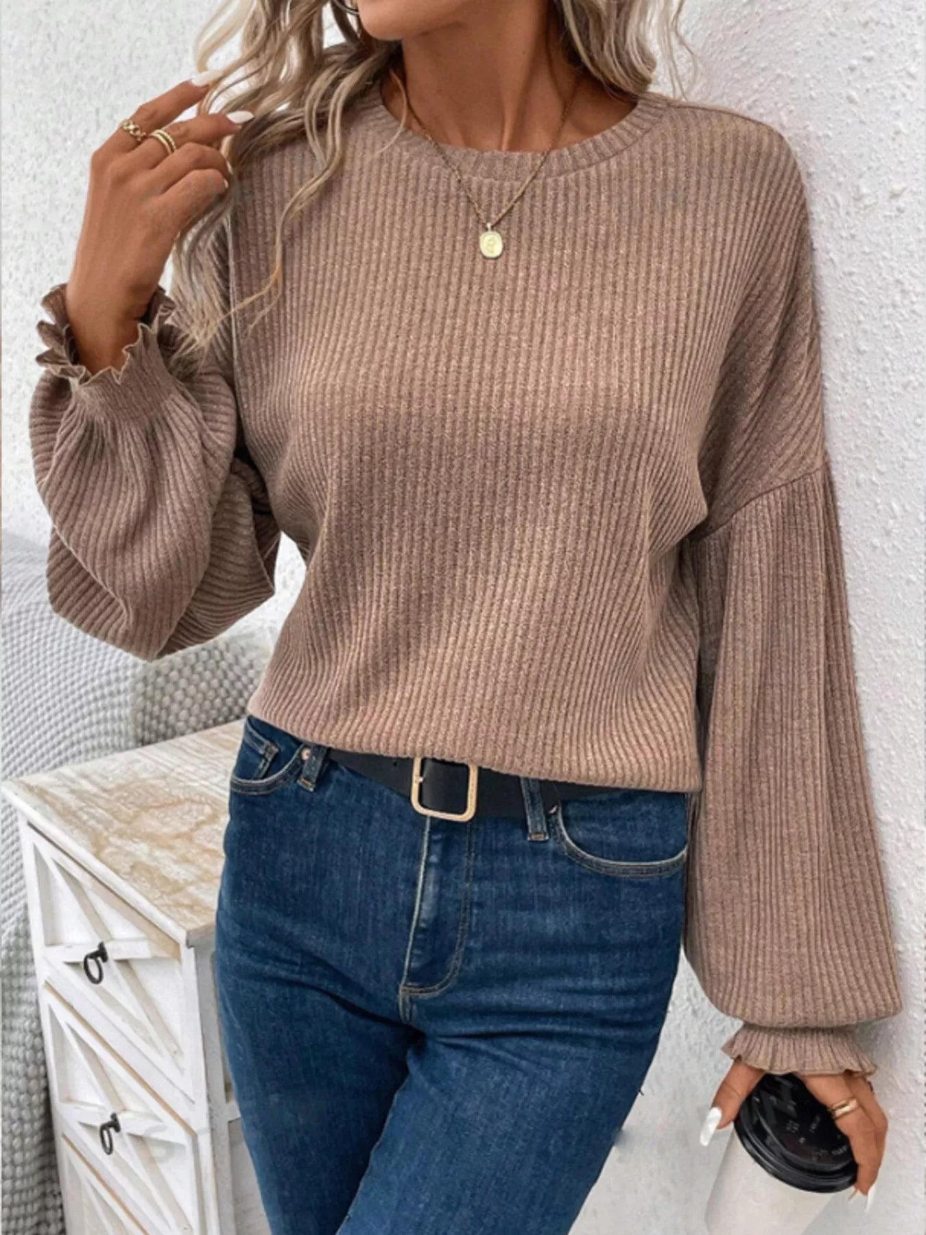 Ribbed Knit Long Sleeve T-Shirt