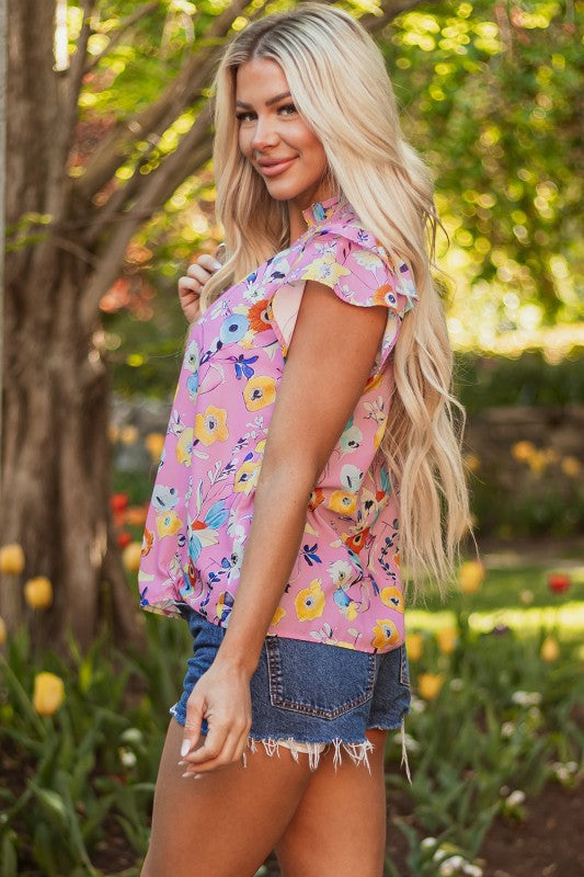 Floral Flutter Sleeve V-Neck Top