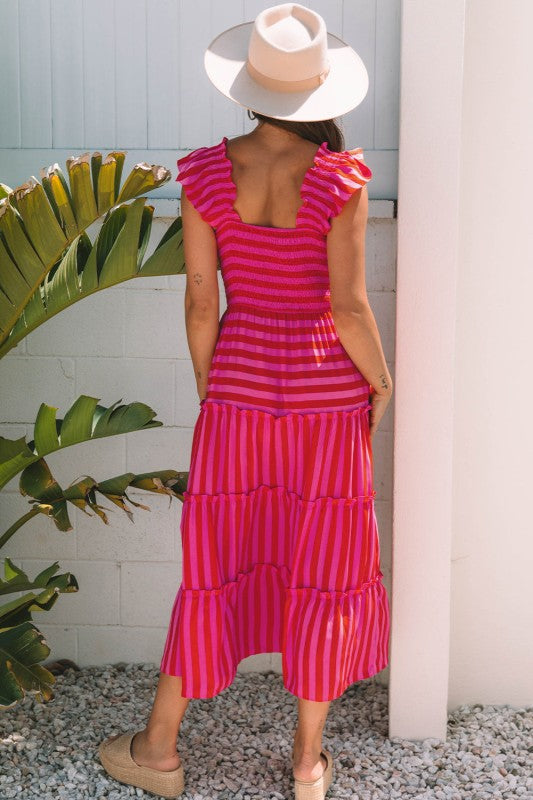 Stripe Smocked Bodice Flutter Sleeve Tiered Maxi D