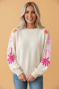 Floral Embroidered Sleeve Round Neck Loose Sweater