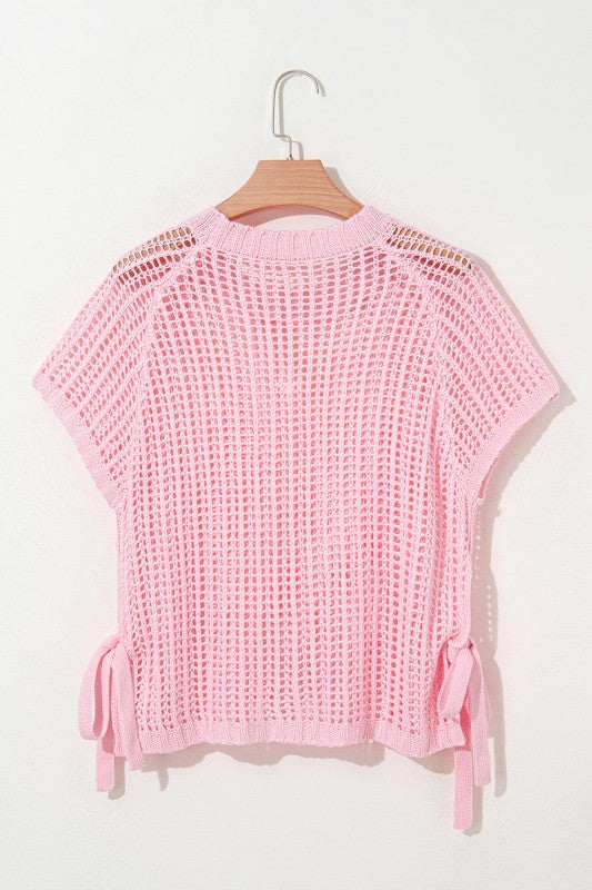 Hollow-out Crochet Tie Side Short Sleeve Sweater