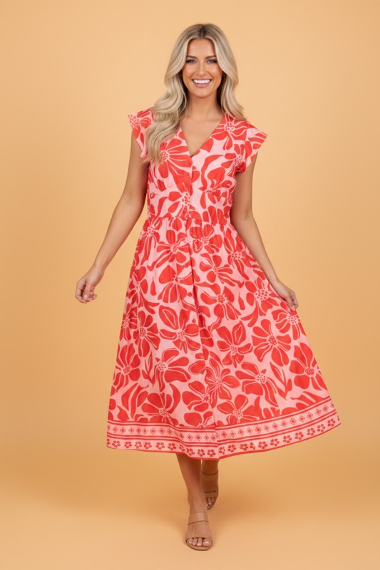 Floral Short Sleeve V-Neck Buttoned Maxi Dress