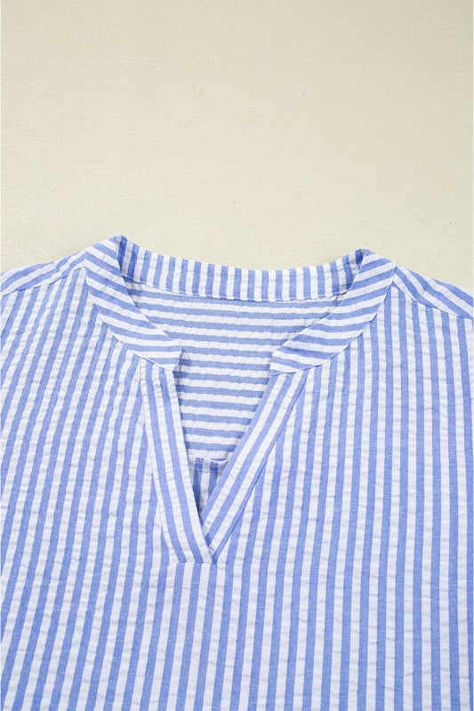 Stripe 3/4 Sleeve Pocketed Tiered Dress