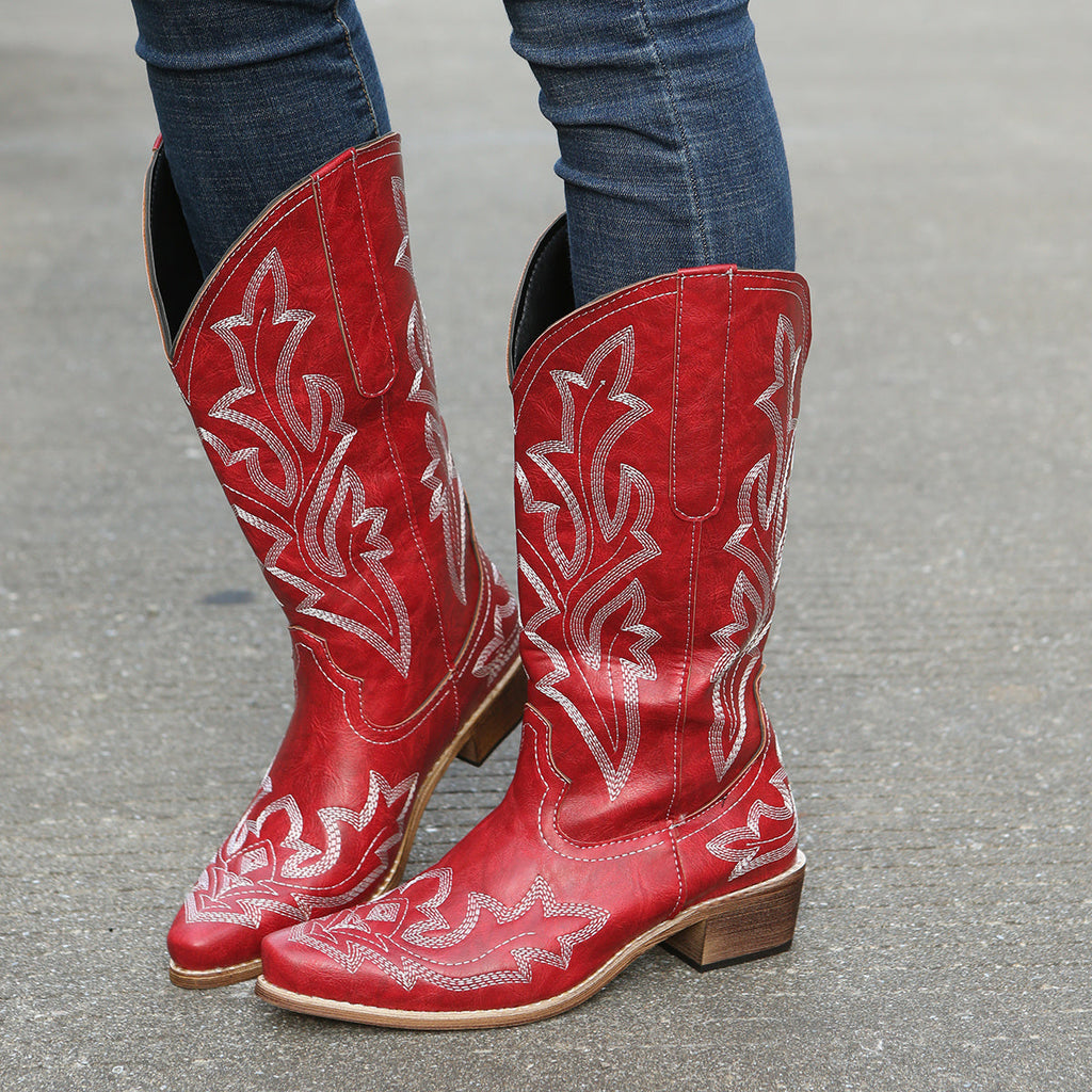 Mid Calf Women's V-cut Embroidery Western Cowgirl Boots