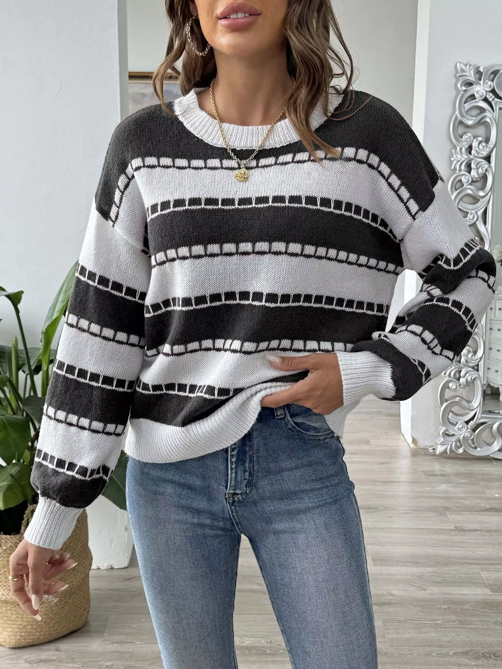 Striped Knit Dropped Shoulder Sweater