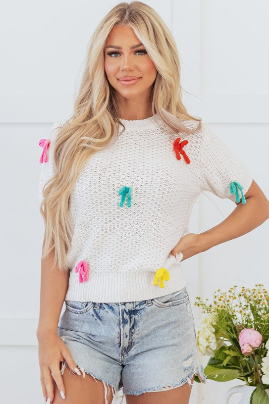 Bow Tie Crewneck Short Sleeve Sweater