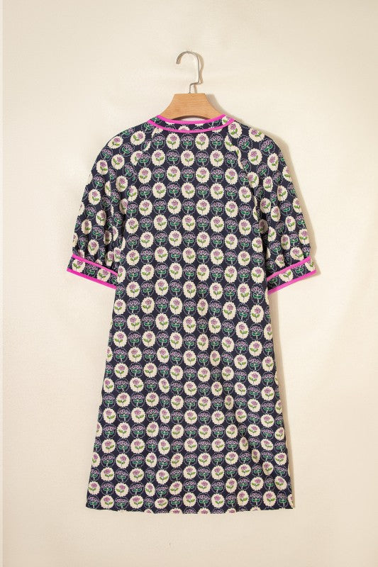 Floral Stripe Trim Short Sleeve Shift Dress