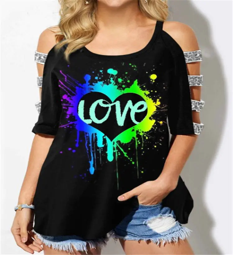 Colorful Off-Shoulder Short Sleeve Women's T-Shirt