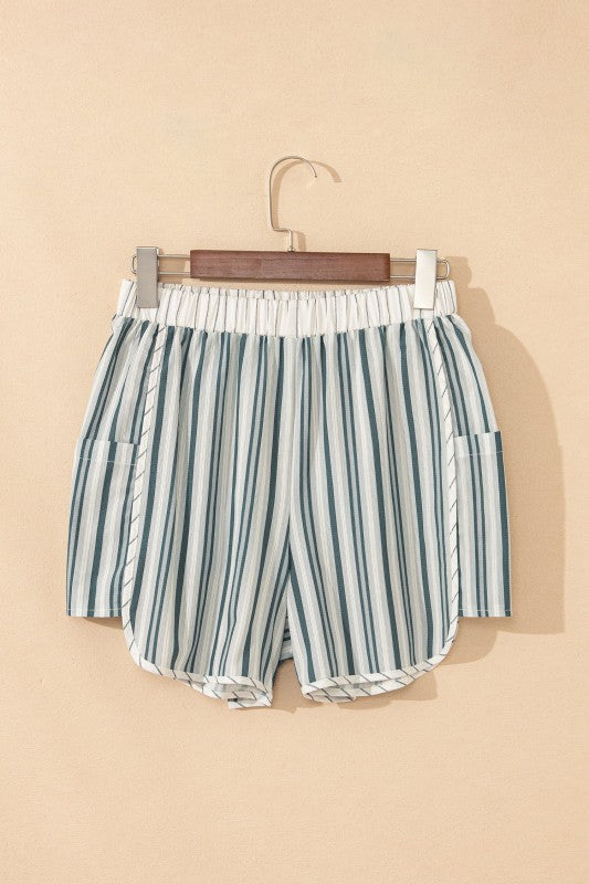Stripe Elastic High Waist Cargo Pocket Shorts