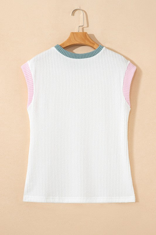 Colorblock Corded Knit Crew Neck Tee