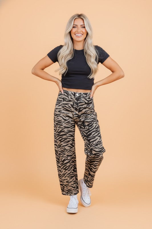 Zebra Stripe Denim Wide Barrel Leg Jeans
