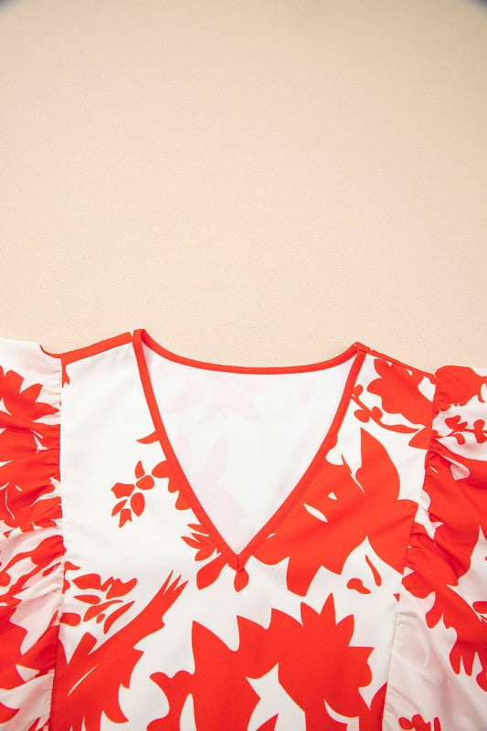 Floral Trim V-Neck Ruffle Sleeve Midi Dress
