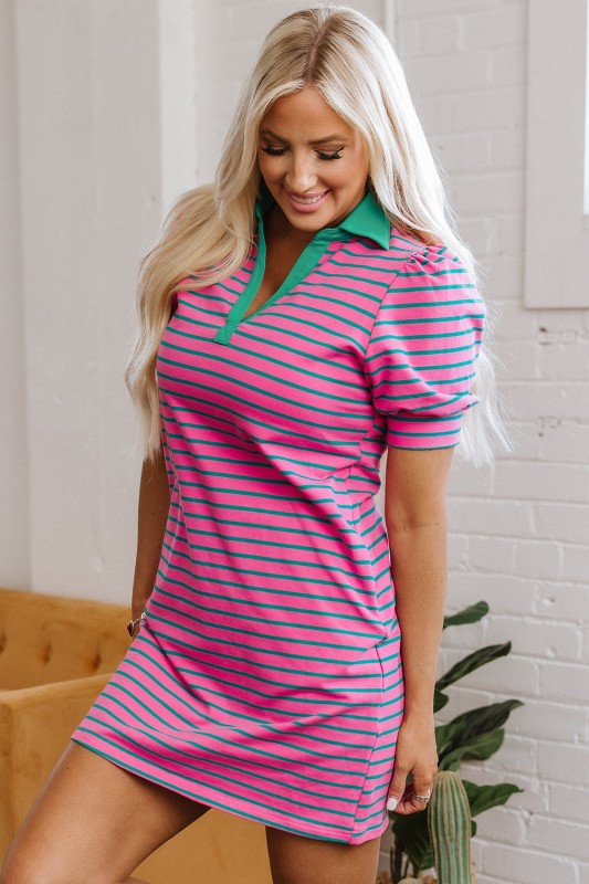 Stripe Collared V-Neck Puff Sleeve T-Shirt Dress