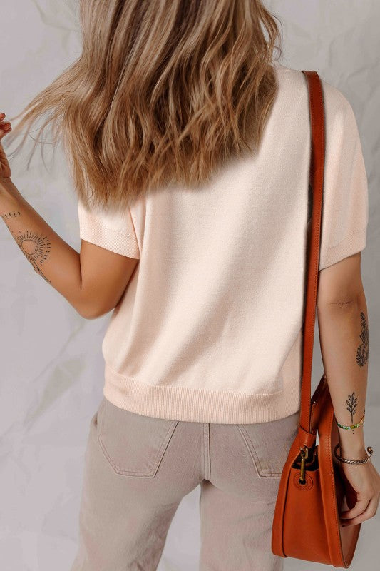 Bow Pearl Embellished Dolman Short Sleeve Sweater