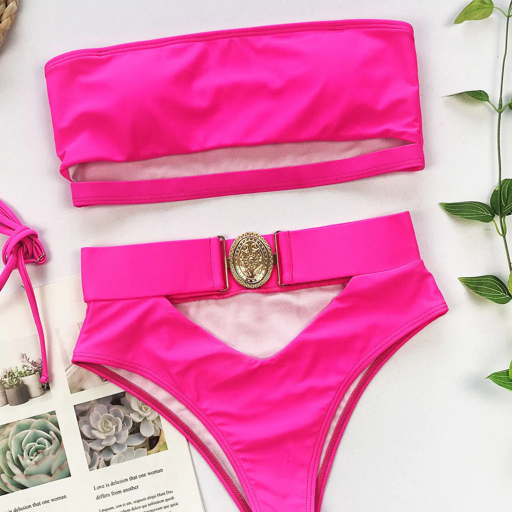 Chic Metal Buckle Strapless Bikini Swimsuit for Women