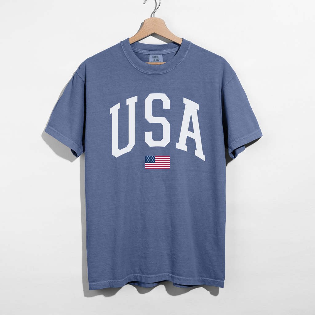 USA Varsity Graphic Tee – White Letter Patriotic Shirt