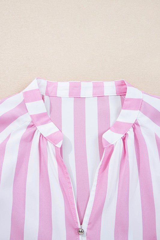 Stripe 3/4 Sleeve Buttoned V-Neck Mini Dress