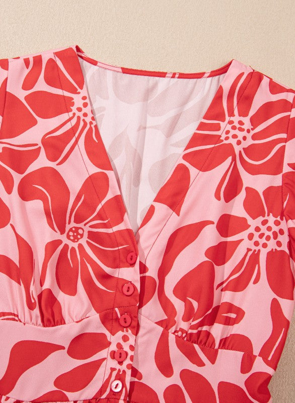 Floral Short Sleeve V-Neck Buttoned Maxi Dress