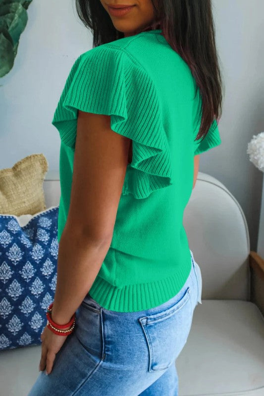 Solid Ruffle Sleeve Round Neck Ribbed Sweater