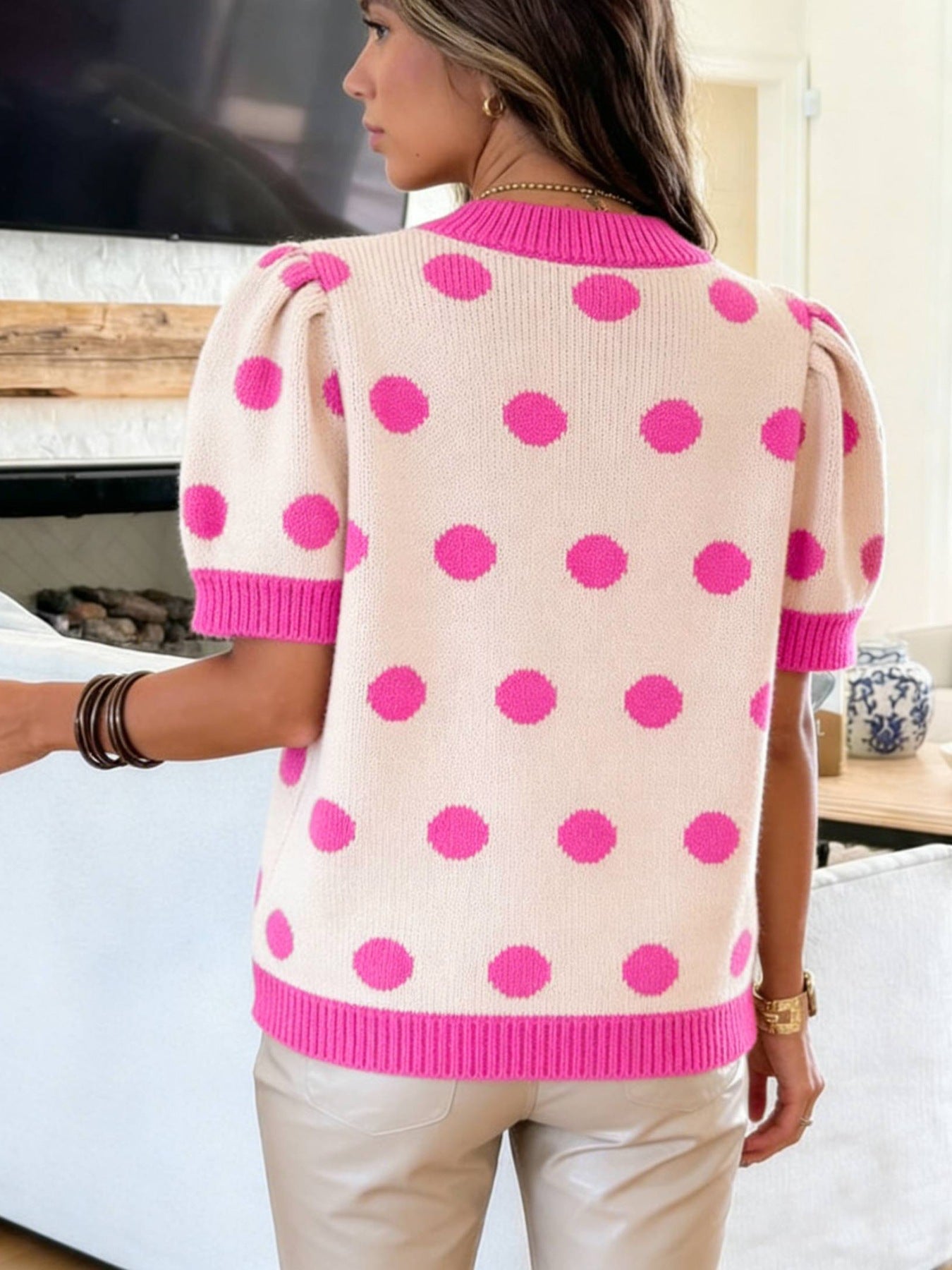 Polka Dot Puff Short Sleeve Sweater Top