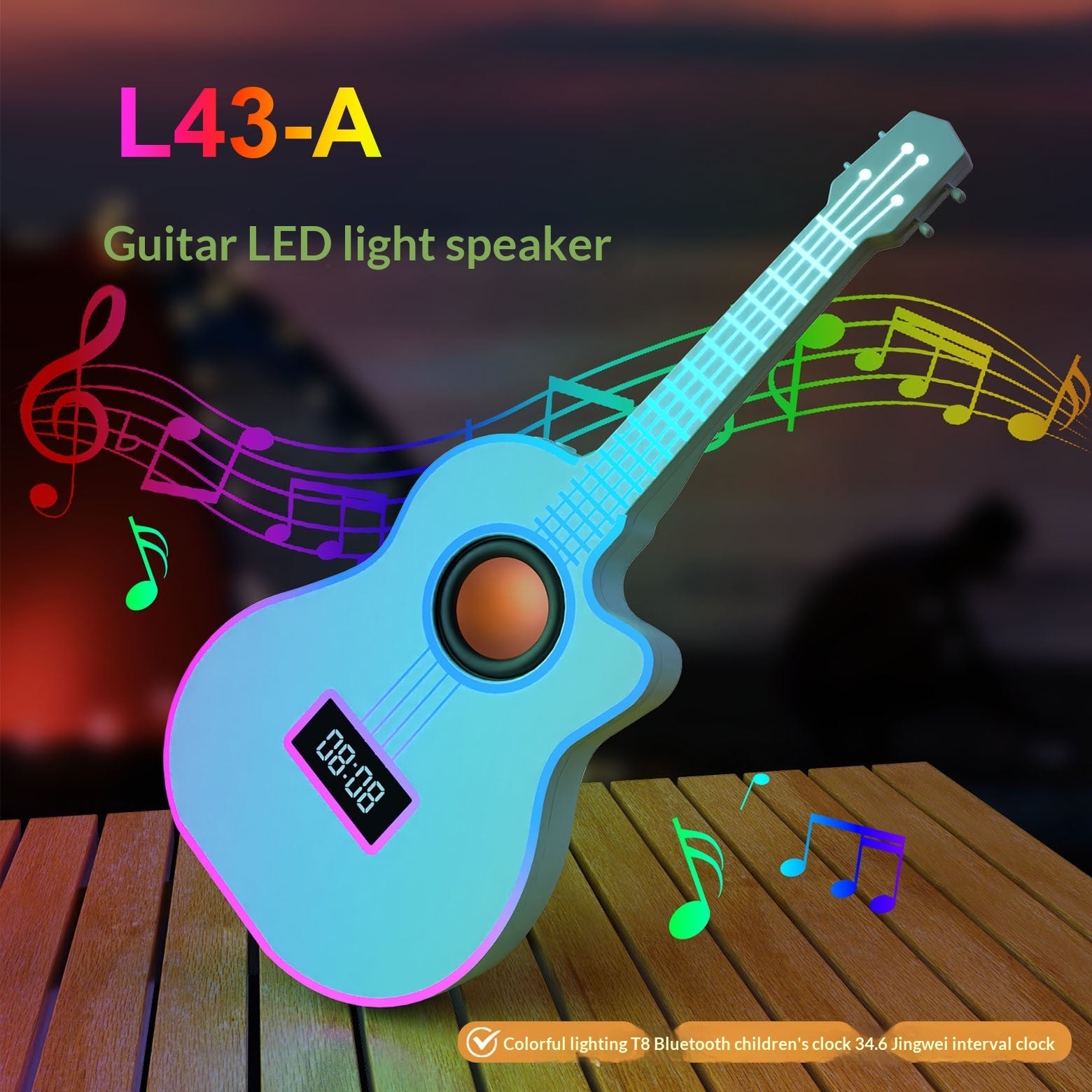 Bluetooth Guitar Speaker With An Alarm Clock And Vibrant Ambient Lighting