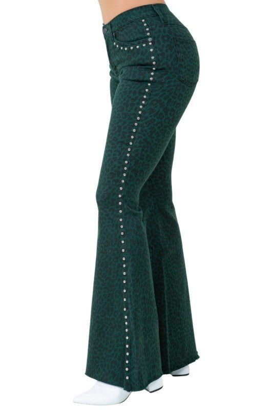 Studded Leopard Bell Bottom Jean in Green