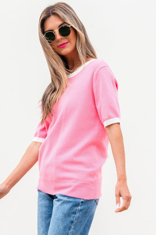 Mercy Bow V-Shape Cut Back Short Sleeve Sweater