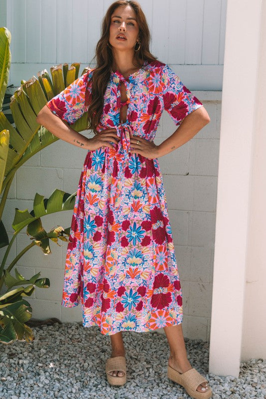 Floral Tied Front High Waist Short Sleeve Dress