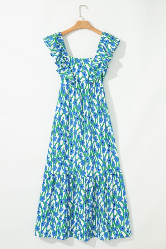 Floral Square Neck Ruffle Strap Maxi Dress