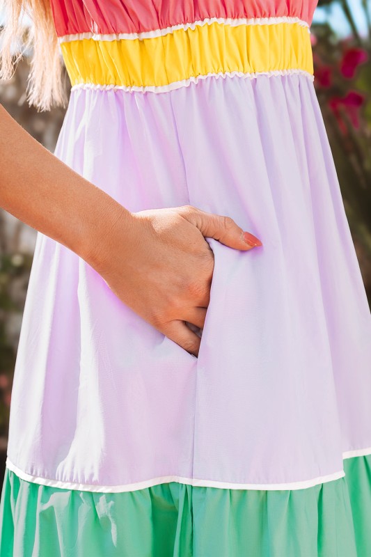 Colorblock Self-Tie Straps Pocketed Maxi Dress