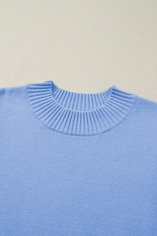 Solid Ruffle Sleeve Round Neck Ribbed Sweater