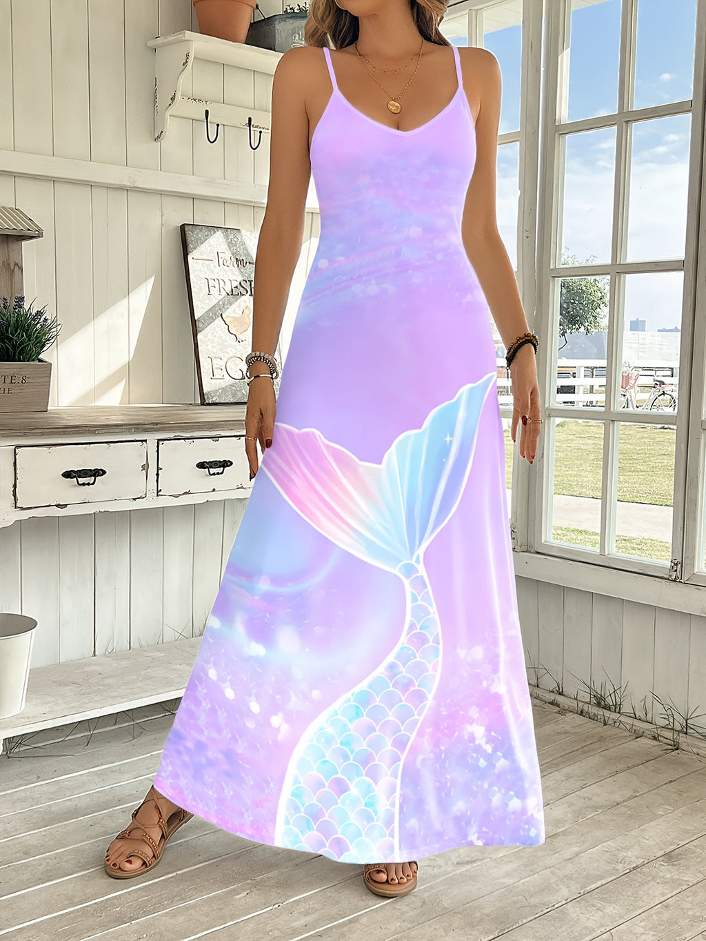 Vibrant Underwater Print V-Neck Cami Maxi Dress