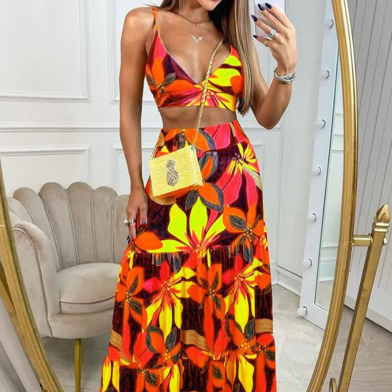 Summer Floral V-Neck Maxi Dress Two-Piece Set for Women
