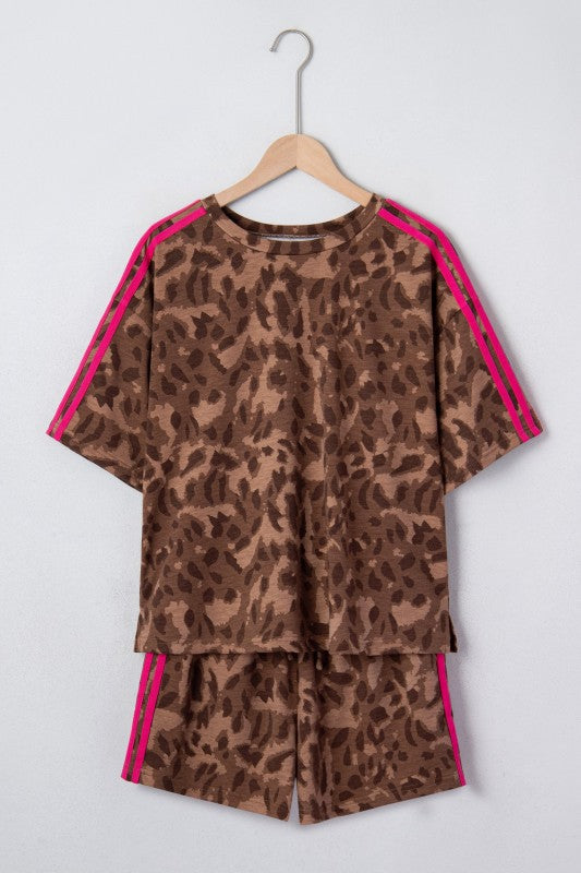 Leopard Contrast Stripe and Shorts Two-Piece Set