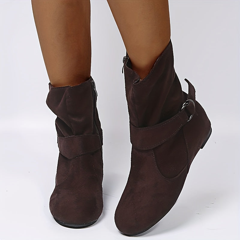 Ankle Boots  Round Toe Buckle Belt Side Zipper Boots