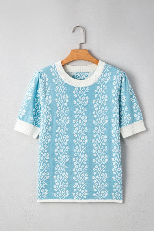 Floral Contrast Crewneck Short Sleeve Sweater