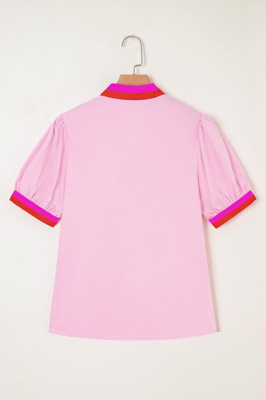 Contrast Stripe V-Neck Short Puff Sleeve Blouse