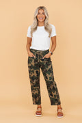 Camo Denim Patch Pocket Drawstring Barrel Jeans