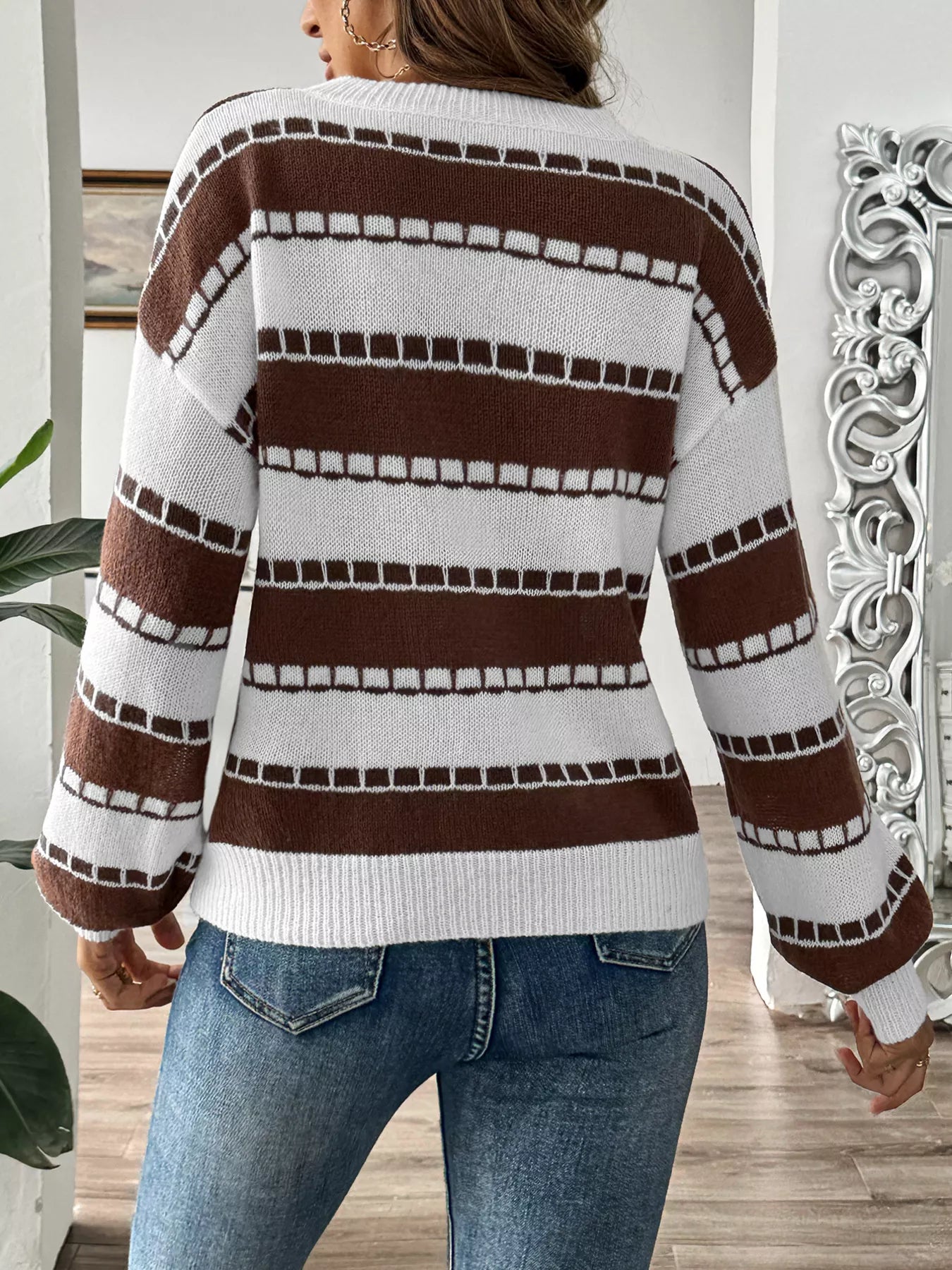 Striped Knit Dropped Shoulder Sweater
