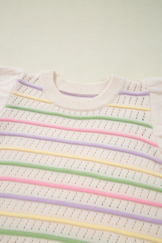 Stripe Eyelet Knit Ruffle Sleeve Sweater
