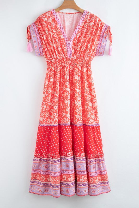 Floral Tassel Tie Sleeve Empire Waist Maxi Dress