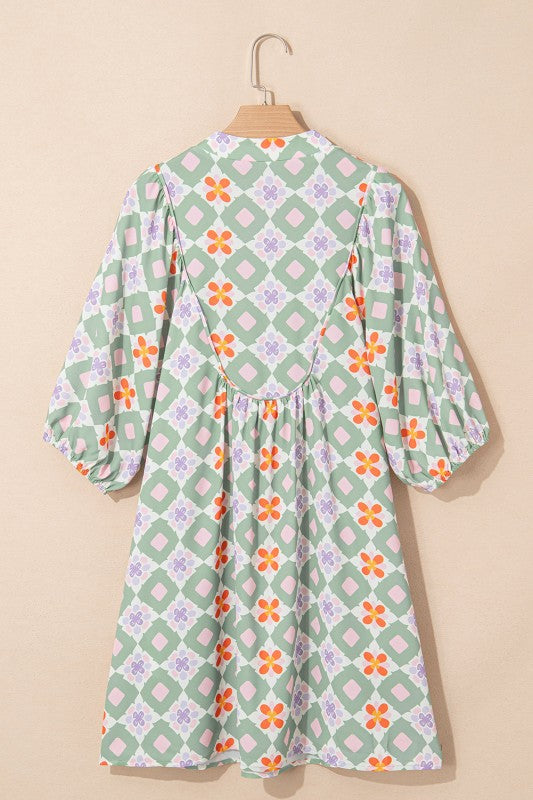 Geometric Floral 3/4 Sleeve Notched Neck Mini Dres