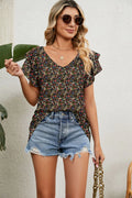 Casual Women's V Neck Ruffle Sleeve T-Shirt Blouse